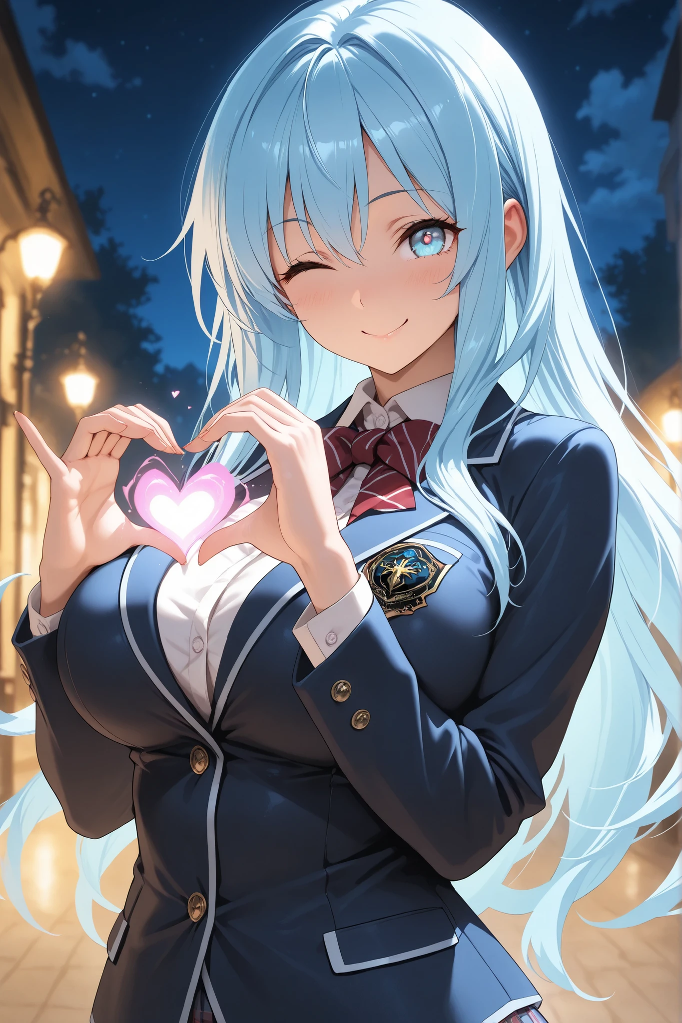 masterpiece,amazing quality,best quality,ultra-detailed,8K,illustration,CG,1girl,blue hair,long hair, light blue eyes,smile,large bust, night,blazer,one eye closed,energy heart marc