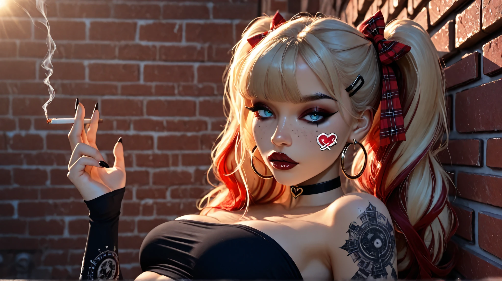 24 year old girl, leaning back against old brick wall, tattoo sleeve, juicy full lips, glossy lips, view from side, blue eyes, dark makeup, dark eyeliner, dark red shiny lipstick, alt girl, holding cigarette, black fingernails, black choker, close up, 1girl, Solo, High Resolution, looking at viewer, Bangs, Hair Bow, Masterpiece, High Resolution, Anatomically Correct, Detail, High Details, High Quality, Hoop Earrings, dark freckles, seductive expression, lips parted, red plaid Hair Ribbon, Jewelry, Hair Clip, Backlighting, Bloom, Cinematic Lighting, God Rays, score_9, score_8_up, score_7_up, cinematographic film image, blonde with red highlights, pigtails, influencer, model, beautiful, many arm tatoos, tube top, medium breasts, small heart sticker on cheek