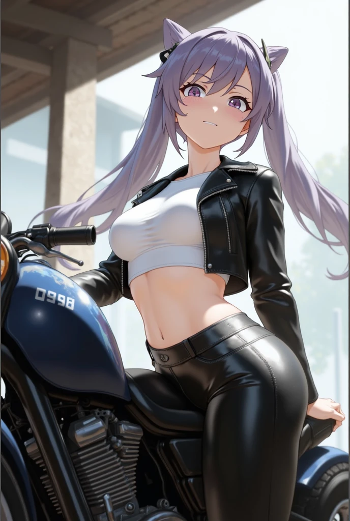 Draw Camila, an anime-style female character.  long lilac hair reaching her waist with baby bangs, blue eyes, lilac eyebrows, smile on her face.  small breasts, thin waist, very large and perky ass, thick shapely thighs.  She is wearing short, tight jeans and shorts and a short black leather jacket.  riding a powerful motorcycle on the road at high speed with the body leaning over the motorcycle.  pink helmet.  view from behind.  rainy night.  She is mounted on the motorcycle riding at high speed.  hands holding the handles of the motorcycle and body leaning forward, looking straight ahead.  tunic perspective of the road.  view of the back showing the ass mounted on the bike.