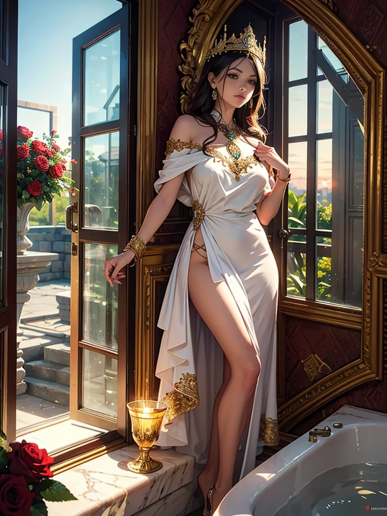 Hyperrealistic full body shot of a woman in Roman style 200 b. c. in a Roman bathhouse, fotorealistisch, dynamische Beleuchtung, Artstation, Poster, volumetrische Beleuchtung, sehr detaillierte Gesichter, 4 k, awards winning,, 1人, im Dunkeln, tiefer Schatten, lowkey, Cowboy-Schuss,(offizielle Kleidung: 1,4) ,lange Haare,dunkle Haare,