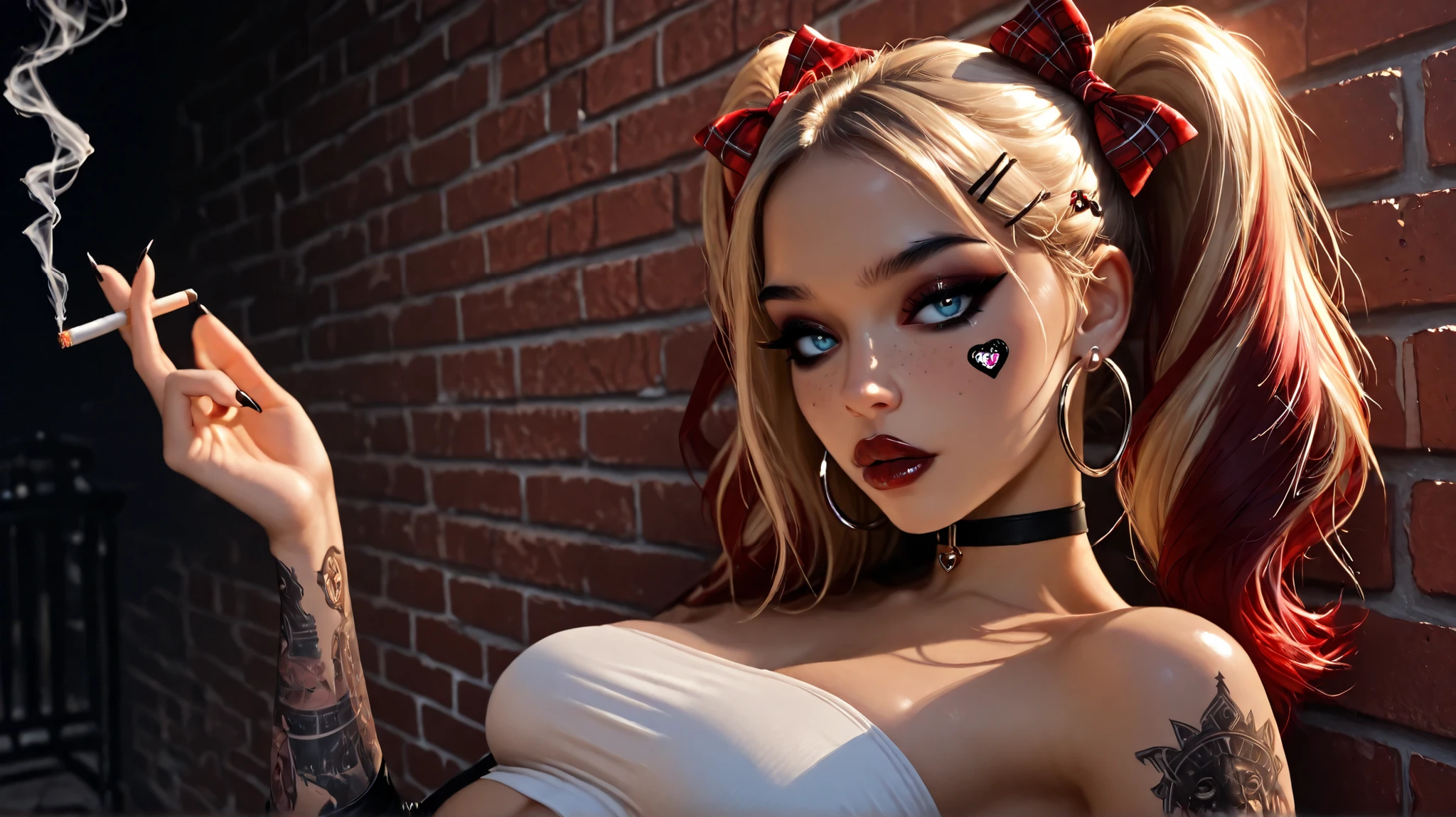 24 year old girl, leaning back against old brick wall, tattoo sleeve, juicy full lips, glossy lips, view from side, blue eyes, dark makeup, dark eyeliner, dark red shiny lipstick, alt girl, holding cigarette, black fingernails, black choker, close up, 1girl, Solo, High Resolution, looking at viewer, Bangs, Hair Bow, Masterpiece, High Resolution, Anatomically Correct, Detail, High Details, High Quality, Hoop Earrings, dark freckles, seductive expression, lips parted, red plaid Hair Ribbon, Jewelry, Hair Clip, Backlighting, Bloom, Cinematic Lighting, God Rays, score_9, score_8_up, score_7_up, cinematographic film image, blonde with red highlights, pigtails, influencer, model, beautiful, many arm tatoos, tube top, medium breasts, small heart sticker on cheek