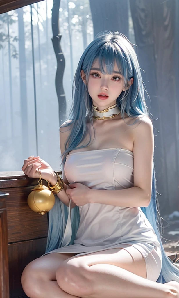 tmasterpiece，best qualtiy，white hanfu, Harnes，Stocking girl，Big chest，Bracelet，耳Nipple Ring，head gear，choker necklace，skyblue hair，long whitr hair，Pure，Soft smile