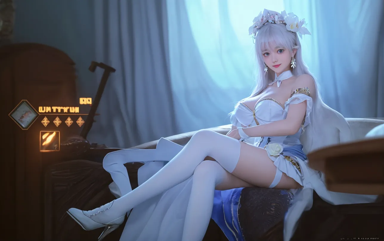 masterpiece, highest quality, best quality, formal art, beautiful and aesthetic: 1.2), extremely detailed eyes, (fractal art: 1.3), colorful, highest level of detail, (perfect face), shiny skin, HDR) 1 girl, white hairs, cute, lying now, before sleeping, pose, sexy pose