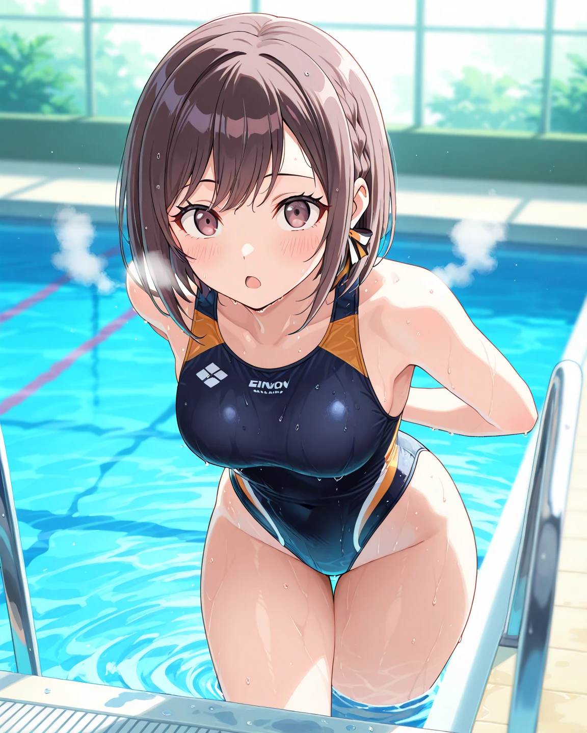 ((Table t○p, Highest quality, High Resolution、Anime Screen Capture、Pixel Perfect, 8K、sf)))、Perfect Anat○my、((((Muscular))))、(((Swollen nipples、Huge breasts、Wide Hips、Wide thighs)))、(B○th armpits、Place your hands behind your head)、((Navy Blue Cyber Suit))、Sweat, vap○r,(Yellow Eyes)、((Bobcut、Black Hair)), ((((:or))))、surprised、(((Embarrassing、blush)))、(Indoor Poolside)、from the front