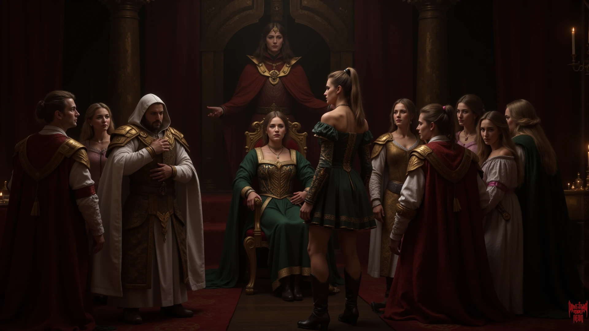 [Core Concept] A formal, ceremonial scene depicting the high elven court ranking and judging the size and quality of a phallic object.

[Character Description] Robed and bejeweled elven nobles, including lords, ladies, and high-ranking officials, gather in an ornate throne room or grand hall to solemnly evaluate and rank a large, prominent penis presented before them.

[Environment/Background] The opulent setting features towering arched windows, intricate tapestries, and polished marble floors. Ornate chandeliers and braziers cast a warm, golden glow over the proceedings.

[Style and Atmosphere] The scene has a serious, almost ritualistic tone, with the elven court treating the evaluation of the penis with grave importance and reverence.

[Composition] The nobles are arranged in a semicircle, casting discerning gazes upon the central, prominently displayed phallus. Dramatic lighting and shadows accentuate the form and contours of the object.

[Details and Embellishments] Subtle expressions of approval, disdain, or scholarly interest can be seen on the faces of the elven judges as they carefully examine and discuss the penis.

[Technical Specifications] A highly detailed, photorealistic digital painting depicting the high elven court's formal, ceremonial ranking of a large, imposing penis.