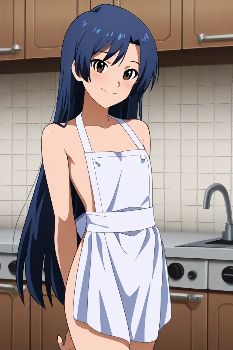 (Best Quality,hight resolution,masutepiece:1.2),Ultra-detailed,(Realistic,Photorealsiticです,Photorealsitic:1.37),Game CG,1girl in, 16yo girl, Blue hair, (half up:1.1), (small tits:1.3), (Naked apron、Apron pink), Eyes and faces with detailed, I'm blushing, cool expression, Soft lighting, Full-body angle, cuisine、Thighs