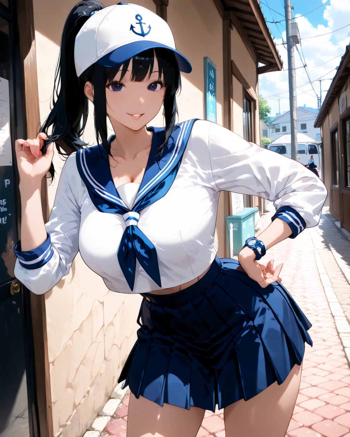 A black-haired, bob-cut, freckled, glasses-wearing girl dressed as Sailor Mercury wearing blue boots and white gloves with a shy expression at the Comiket venue