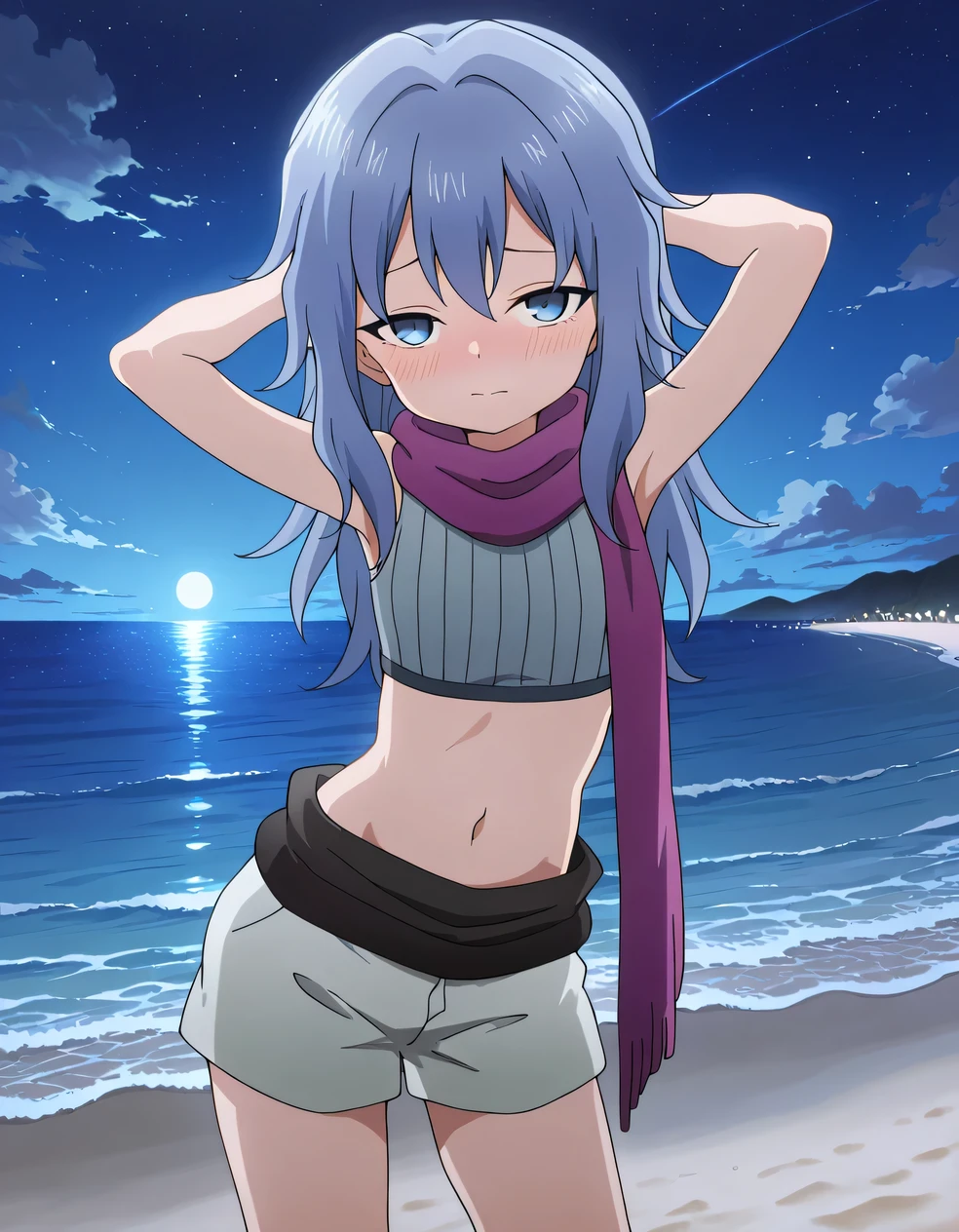 Hagi, blue eyes, blue hair, long hair, crop top, sleeveless, purple scarf, shorts, high quality, solo, cowboy shot, (contrapposto), hands behind head, closed mouth, night sky, beach, looking at viewer, blushing, shy, best quality