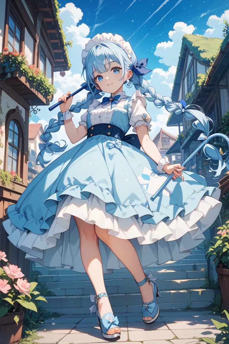 Araffe girl in a blue dress holds an umbrella in the air, magic uniform, Portrait of a magical Lolita girl, shikamimi, sakimi chan, University Magic Uniform, shiori teshirogi, lunar themed attire, loli, official artwork, Beautiful Angels, Raining, chiho, brilliant), Raining!!, fairycore, Lolita Fashion, ad image
