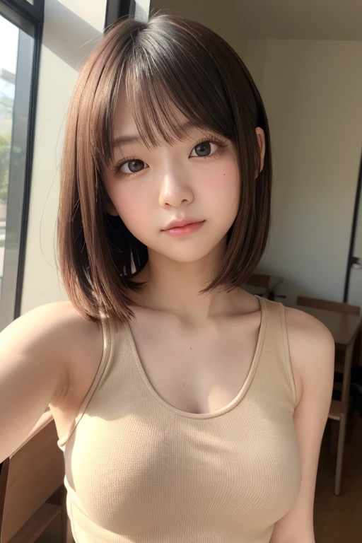 Smile、Beautiful high school girl staring at the camera、Shortcuts、Close-up shot of face、Summer clothes、Puberty、evening、from the front、Portraiture,Upper body photo、