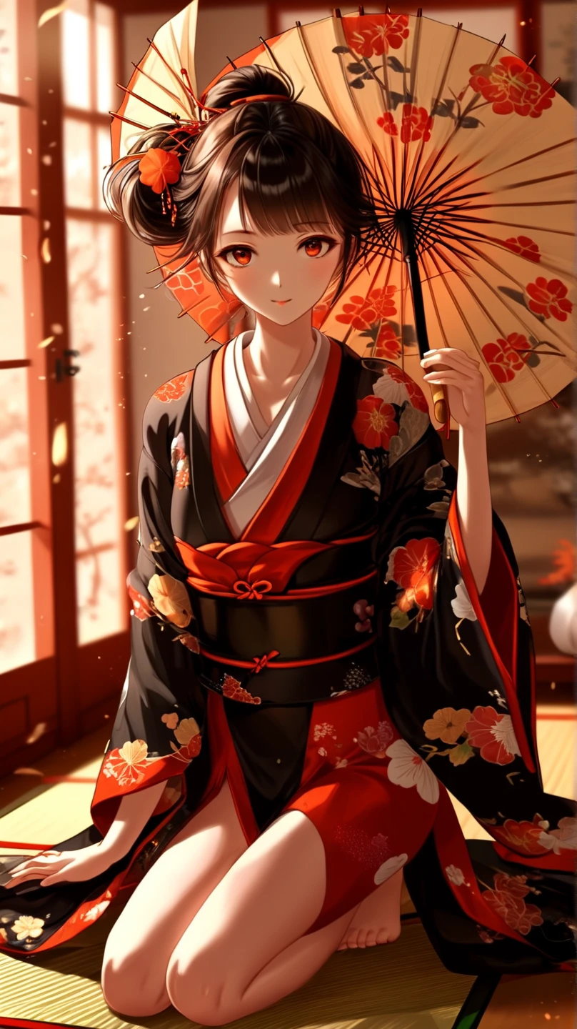 further enhances the quiet and cultural atmosphere, features shoji and fall foliage, holding a paper umbrella {x} Her hair is exquisitely styled with colorful floral accents {x} exudes elegance in a traditional Japanese environment adorned with warm amber lighting. and she has a bright orange, and she has a gold pattern on a gorgeous black and red kimono, a young woman kneeling gracefully on tatami mat. in the background、invites viewers to a moment rich in heritage and artistry, brings a sense of serenity and beauty to the scene. with her soft and confident gaze, Her expression steals the heart, brings a sense of serenity and beauty to the scene.