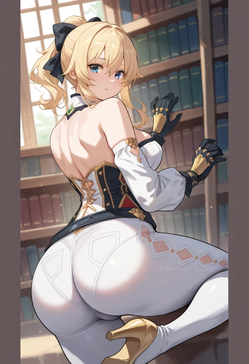 female, blonde long hair in a ponytail, blue eyes, (((1girl))), (((white lingerie bra with gold trim))), (white lingerie panties with gold trim), (white thigh high stockings), (black heels), (white garterbelt), (glasses), cute and sexy, large breasts, large butt, full body, long legs, smiling, cleavage