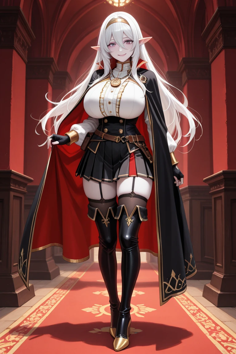 (Masterpiece, best quality), (highres, ultra-detailed), ( perfect anatomy), outdoors, 1girl, solo, dress, sela, large breasts, tan, necklace, white sleeves, thighhighs, muscular, thighs, full body, priestess, church, religous, pants, coat, pullover, boots, body suit, bigdress, big robe,black body suit, HIGH BOOTS, feet together, toe to head