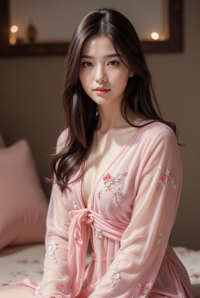 Mulher japonesa, pele realista, estudante, jovem, com roupa escolar, sem calcinha, with your hand on your vagina, deitada na cama