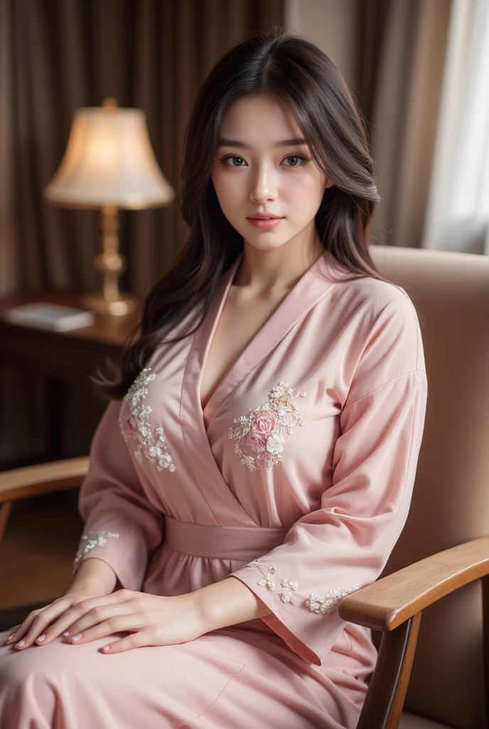 Ala Fed Asian Woman in White Floral Pajamas Sitting On Bed, Open Shirt, in a kimono, wearing in shirt, Open V chest clothes, generous cleavage open jacket, nightgown, Sexy Girl, ((wearing aristocrat robe)), 奈良美智, flowing robe, wearing a simple robe