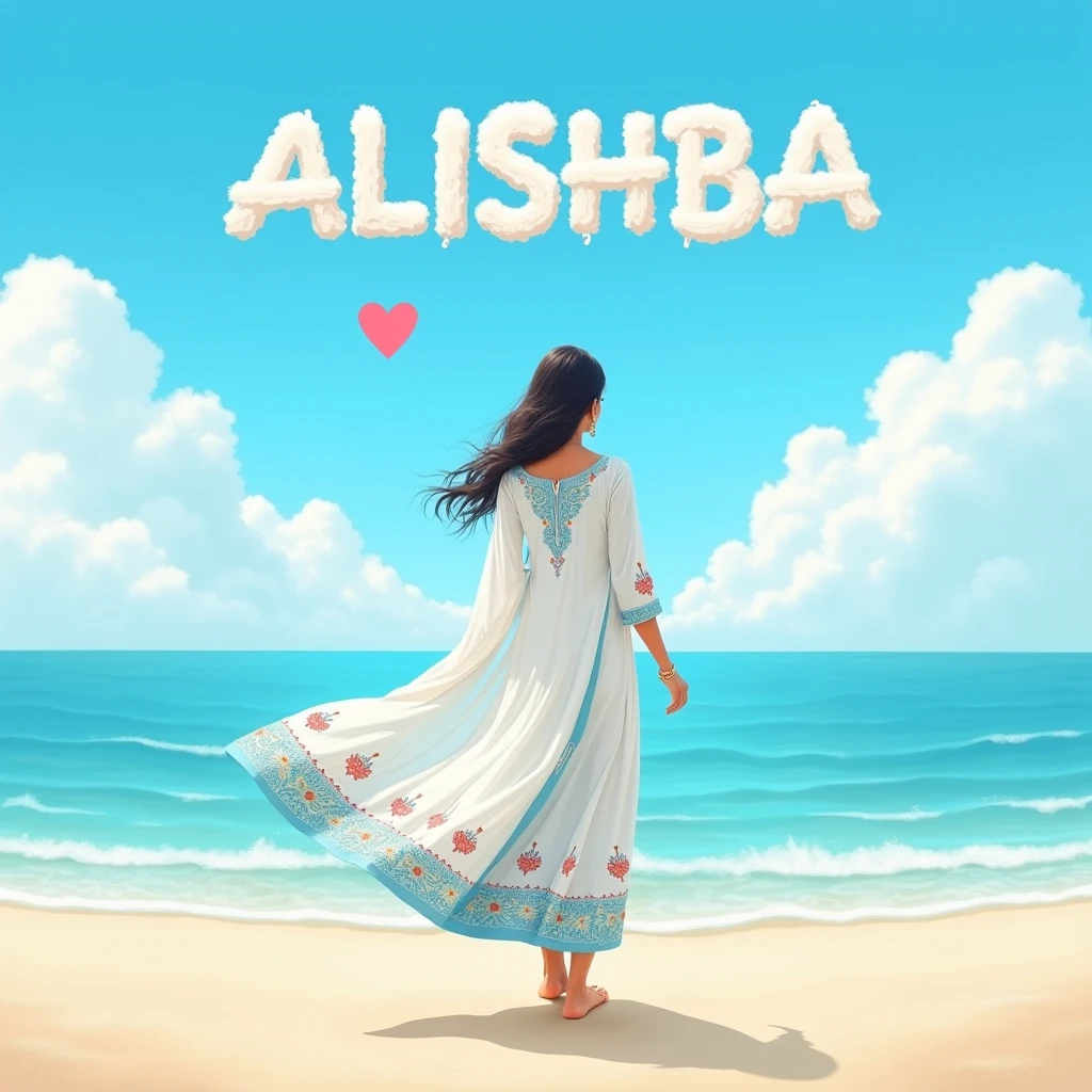 A pic of an animated girl shows her back  wearing abaya and hijab and a name fizza write on above of her in a stylish manner