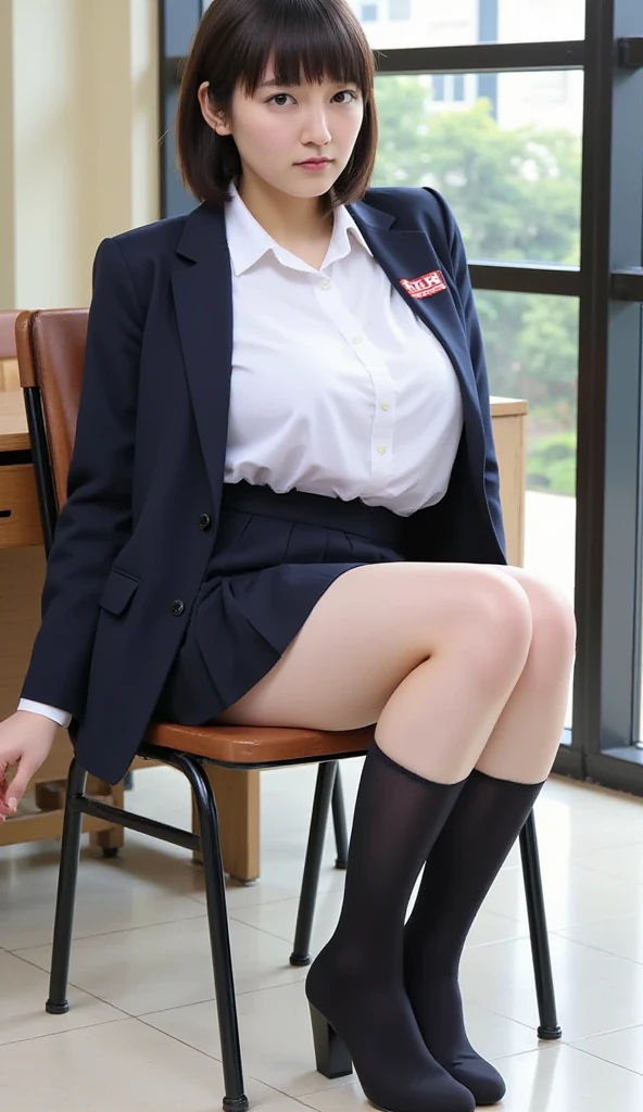 High resolution、High level image quality、8K、real live action、生picturegraphy、highest quality、masterpiece、table top、erotic、student、pink good,white skin,knees,(黒pantyhose),Detailed panty pattern、panties focus、pink panties、small panties、absurd,small face、huge breasts、前hairを真ん中から分けます、I can see the forehead,(cold look<eyeがきつめ,glare,strong,thin anger)、masterpiece,highest quality、超High resolution,生picture,Len,beautiful feces,one person, solo,dark look,small breasts,whole body、very nice、jk ,high school girl,japanese woman,standing,（Photoreal：1.37）、photon mapping,light blue ribbon,realistic、かわいいsmall face,ブラウンeye、black socks、22 years old、(red bow tie)、radio city、物理ベースのLenダリング、prospect、depth of field rally background、picture,with a girl,beautiful feet, long legs, thin legs,long bob cut,(前hairが見える), hair, lips, green_eye, nose soft,(white shirt), (navy pleated skirt), navy blue uniform jacket、white sweater vest、kneesが見える,thin clothing,, thigh, black cotton socks,Nogizaka Idol, , japanese id、キラキラしたeye、光沢のあるlips、showing legs、low angle shot from below、pantyhose、white panties