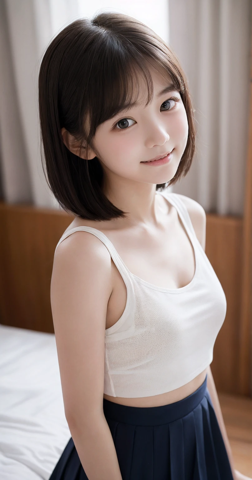 One girl, short hair,Black Hair, room, Sitting on the bed,front,smile, summer, White tank top, 6th grade elementary school, ,transparent, (masterpiece, Highest quality), Soft Light, Structure of the film, Cinematic