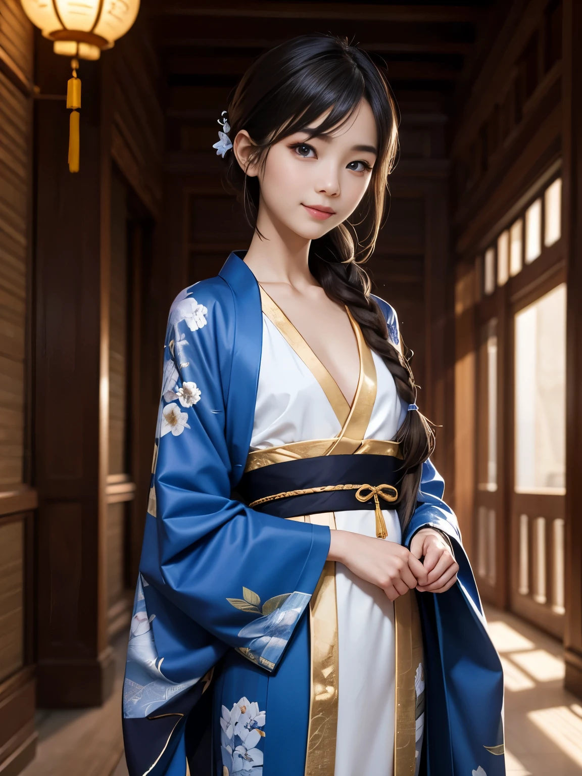Surrealism, retina, masterpiece, accurate, anatomically correct, super detail, best quality, 8k, extremely precise in every detail, beautiful detailed glow, beautiful attention to detail, One Chinese girl stands in a ancient Chinese palace, wears a glossy blue Kimono dress decorated with many gold Lily pattern, long brown single braid hair, silver Crystal eyes, flat chest like a boy, holds a fan, slender body, smiling