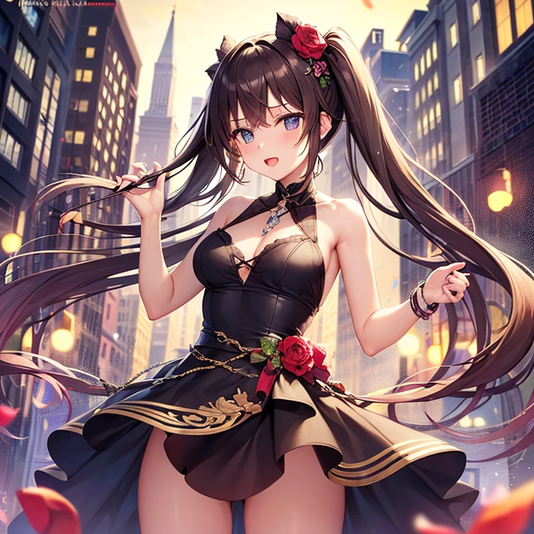 Draw a face carefully　High quality anime style faces　Shiny skin、Fallen into evil、　Teen、Black and purple leotard with red trim　Fishnet tights　Succubus、sexy、Heart markの穴　(((Wicked Smile)))　Photo from behind、Twin tails、Yellow Eyes、City of night