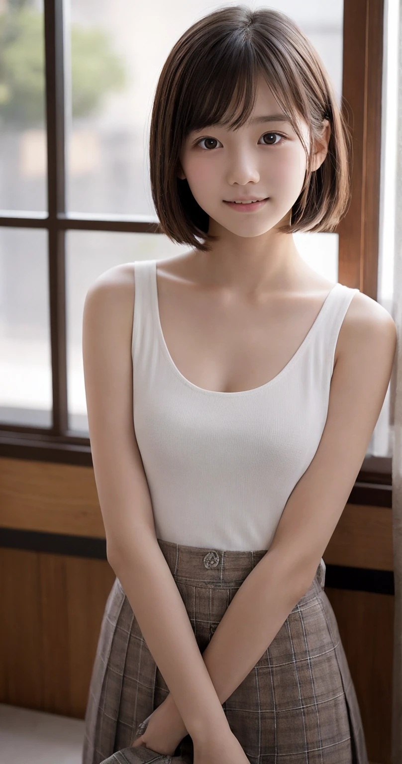((of the highest quality, 8K), Sharp focus: 1.2, (1 aespa girl :1.1), (Solo: 1.2), (Realistic, Photorealistic: 1.37), (Face focus: 1.1), Cute face, com rosto detalhado, guard,white skirt, Flat chest, Short black hair, Small smile,, Sit Pose, Side Body