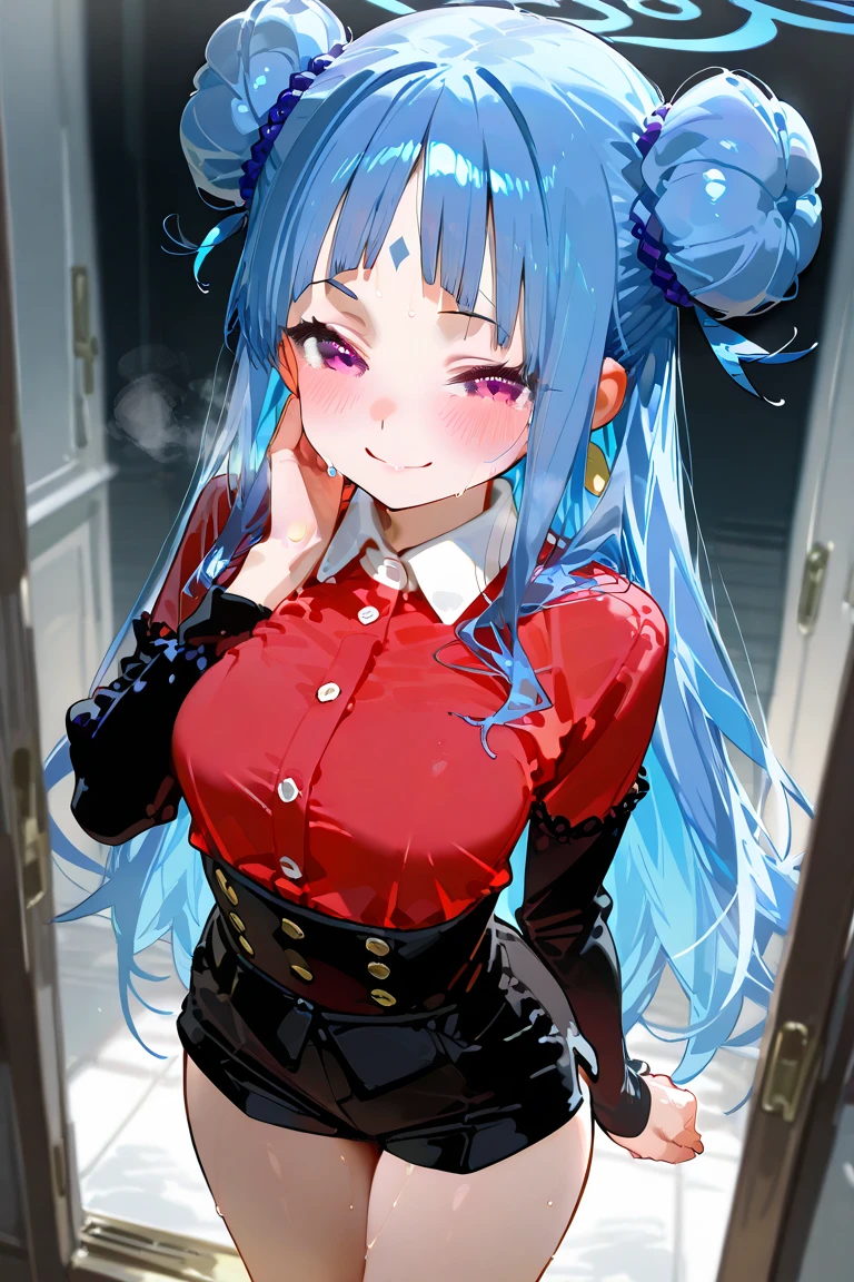 masterpiece, best quality,1girl,helix,light smile,twin drills, mature female, suit, hand on breast, necktie,
