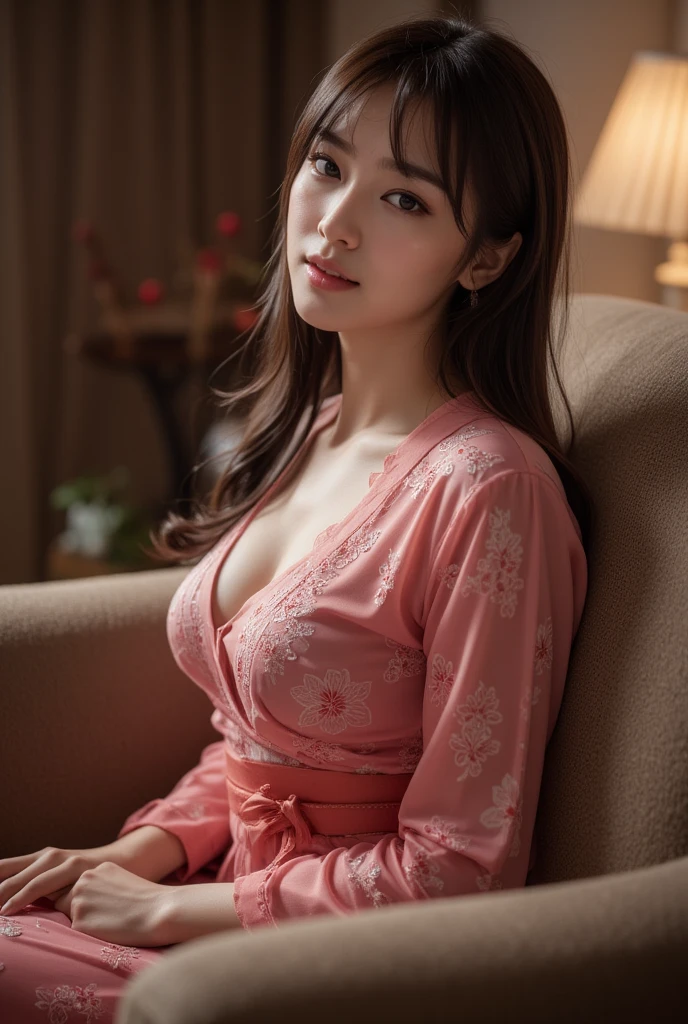 Wearing sexy pajamas, graceful figure, coquettish, study room, sofa, random enchanting movements, facing the camera, imaginative, first love