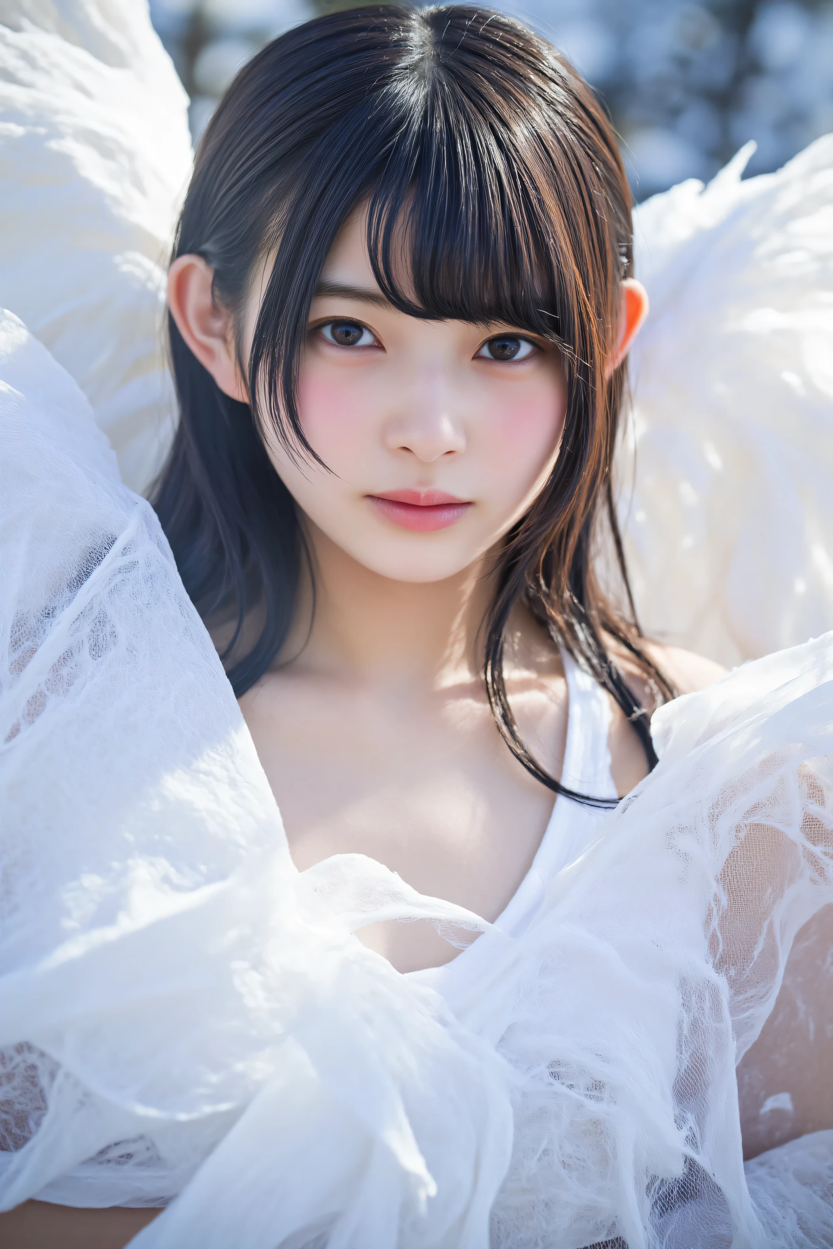 Detailed face, Cute face, Uekura, One Girl, Black Hair, White Background, have, dress, footwear, wing, Simple Background, sign, flower, Manicure, Wide sleeves, Long sleeve, blush, animal, white flower, alone, whole body, View Audience, High heels, Frills, bow, bangs, ribbon, +_+, shoes, short hair, Grey Eyes, shoes, Blue Claws,
