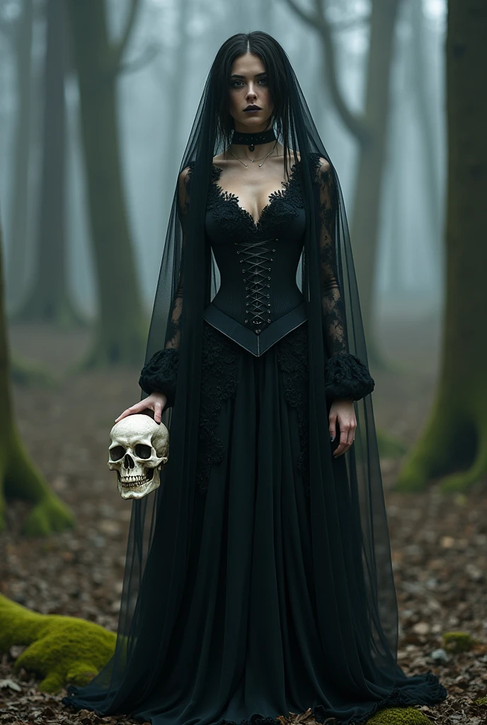 Female Supay as the Guardian of the Underworld: Female Supay stands at the entrance of the underworld, her form cloaked in shadows and dark mist. Her eyes glow with an eerie light, and her attire is adorned with skulls and bones. She holds a staff made of twisted roots and bone, symbolizing her dominion over the realm of the dead. (having beautiful breasts: 1.33), (having clothes: 1.77).

