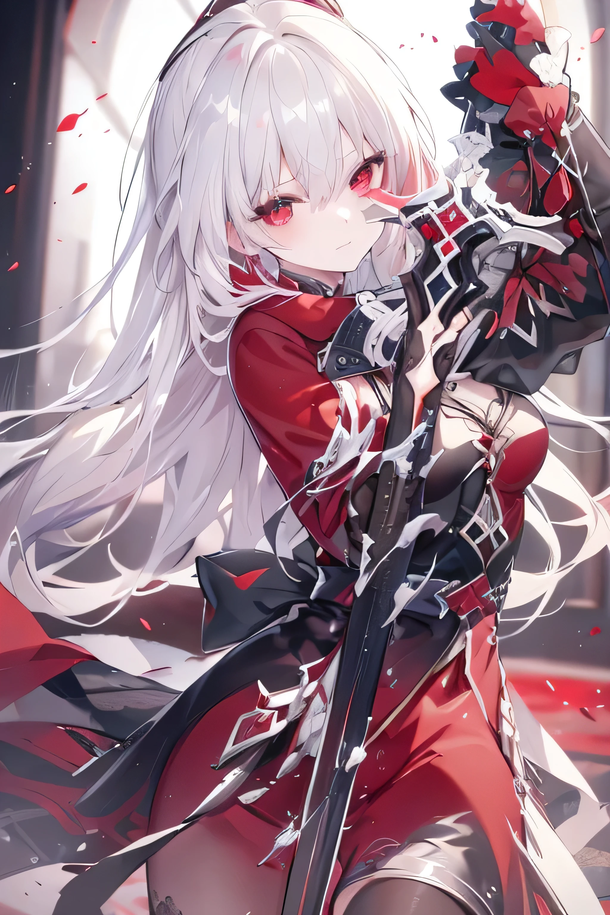1girl, yandere, intimidating red eyes, holding knife, white hair