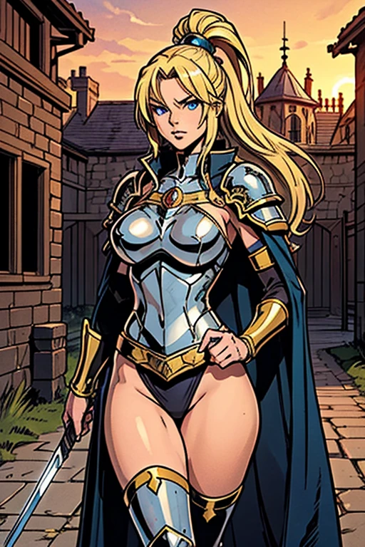 women,blond long bob hair, blue eyes, dark blue Body armor, big breastm Black boots, standing
