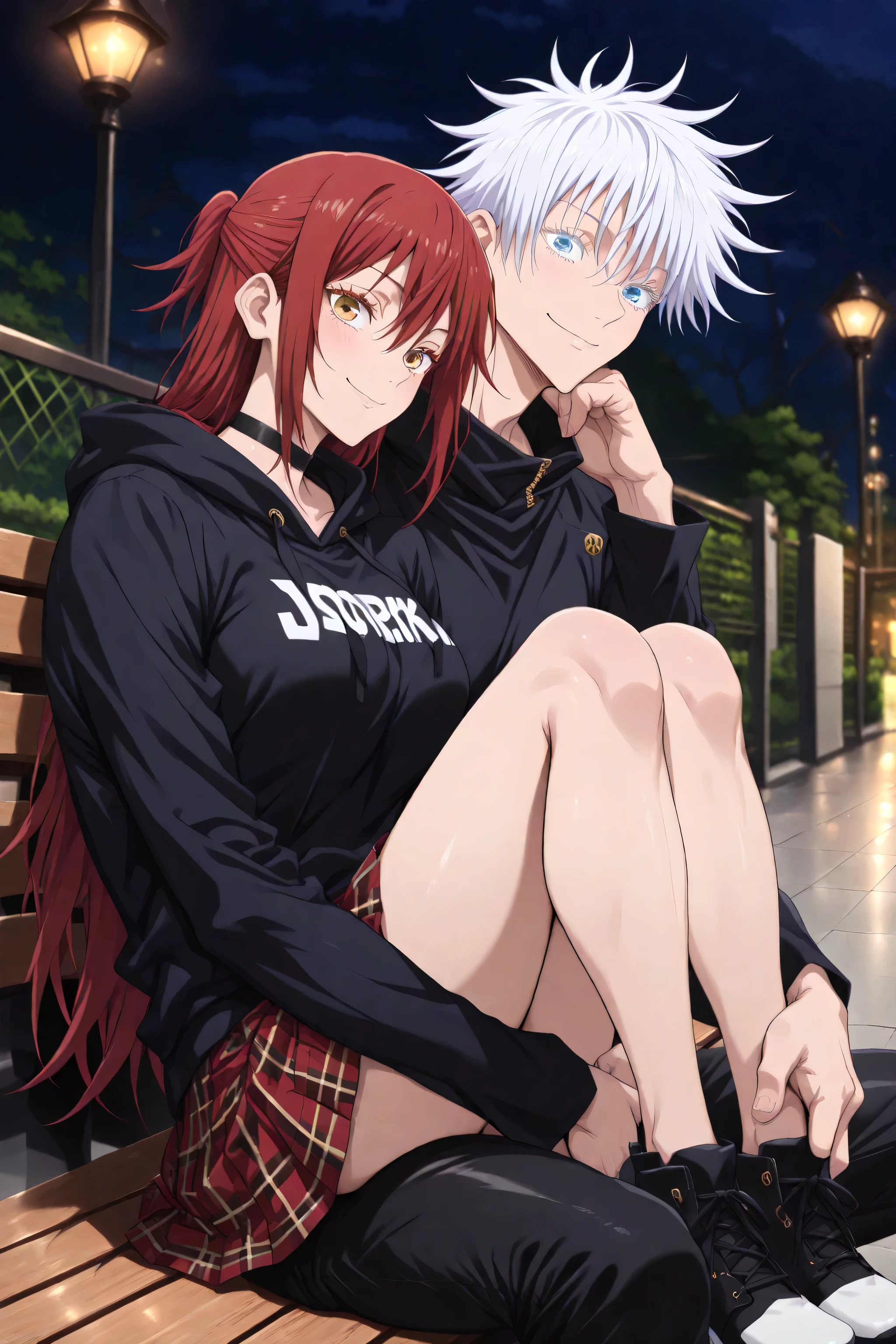Duo focus, couple, hetero, romantic, BREAK  1man,adult, male focus, smile, gojou satoru, jujutsu kaisen, blue eyes, colored eyelashes, white hair, short hair, toned chest, sexy man, handsome face, hoodie, pants, shoes, smile, chilling, BREAK 1 girl , golden eyes , very long hair , long sidelocks, red hair ,half updo, petite , very cute , beautiful ,Straight hair, cool, handsome, hair between eyes, sexy, medium large breasts , print hoodie, black hoodie, hood down, black choker, zipper, long sleeves, black sleeves, pleated skirt, red skirt, plaid skirt, miniskirt, sitting, on bench, legs pulled up to the body, thoughtful, legs pulled up to the body, chin resting on the knees, arms wrapped around the legs pavement, tile floor, fence, outdoors, night, (intricate details:1.2), (masterpiece:1.2), (best quality:1.2), (very aesthetic:1.2), (absurdres:1.2), (detailed background), ray tracing, vibrant colors, depth of field, cinematic lighting, sharp focus, action shot, (Extremely Detailed 16K CG)