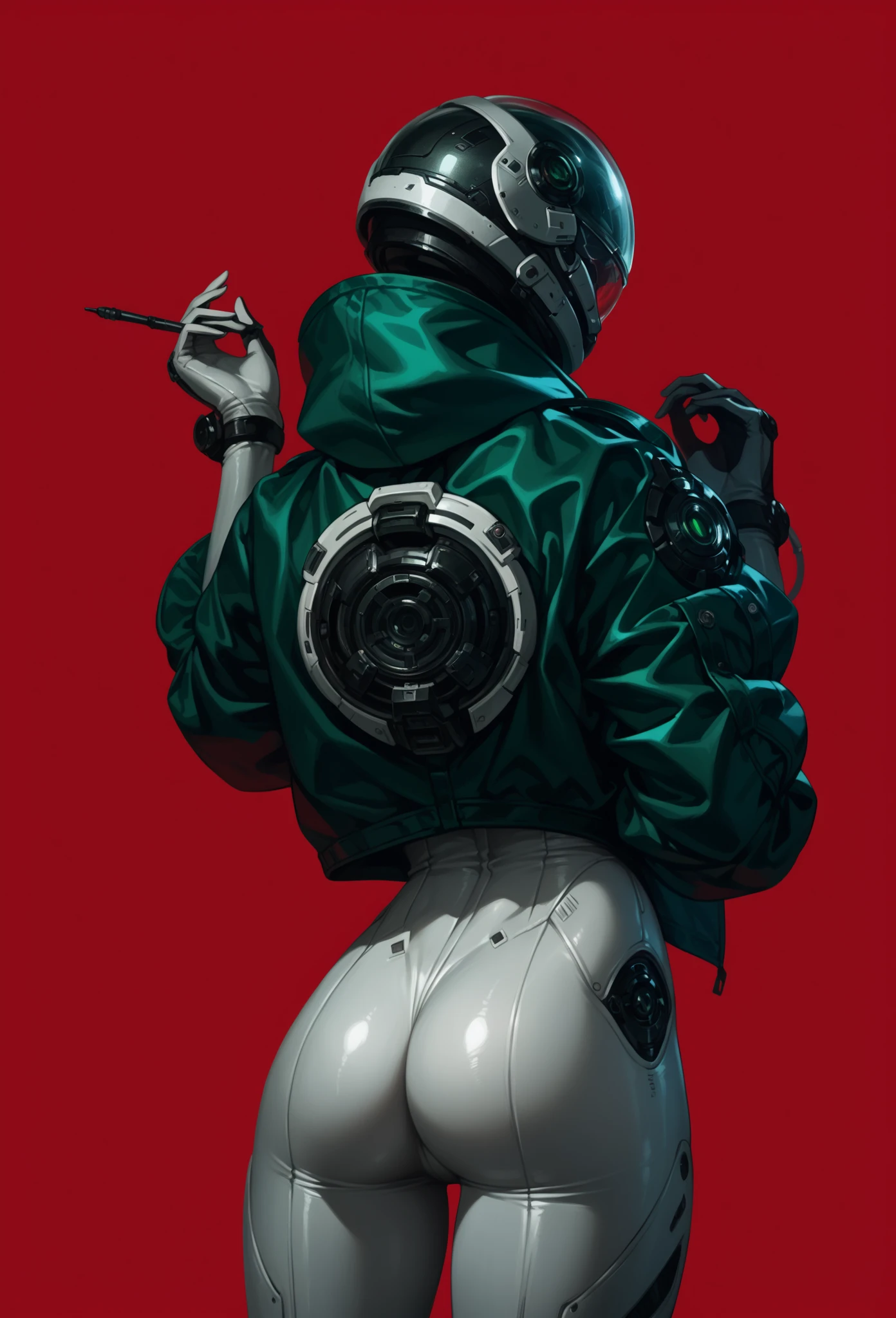 1girl,solo,red background,cowboy shot,,ruanyi0812,white bodysuit,skin tight,science fiction,green jacket,open jacket,from behind,glass helmet,ass,<lora:0812 TheFirstDescendant Clothing_v1_pony:1>, score_9,score_8_up,score_7_up,,8k,1girl,solo,,