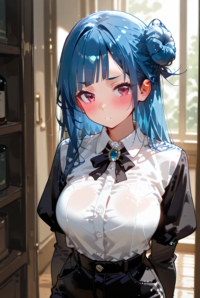 best quality,ultra detailed,extremely detailed and beautiful,perfect anatomy,perfect hands,(indoor,cafe),solo, SIDE PONYTAIL,(1GIRL), (HOSHIMACHI_SUISEI),blue eyes,blue hair, long hair, (white serafuku:1.3),(flat chest),(contemptuous,disdain),(areola,one breast out:1.3),(Lift up shirt one hand:1.1),star hair ornament, choker,(sit),