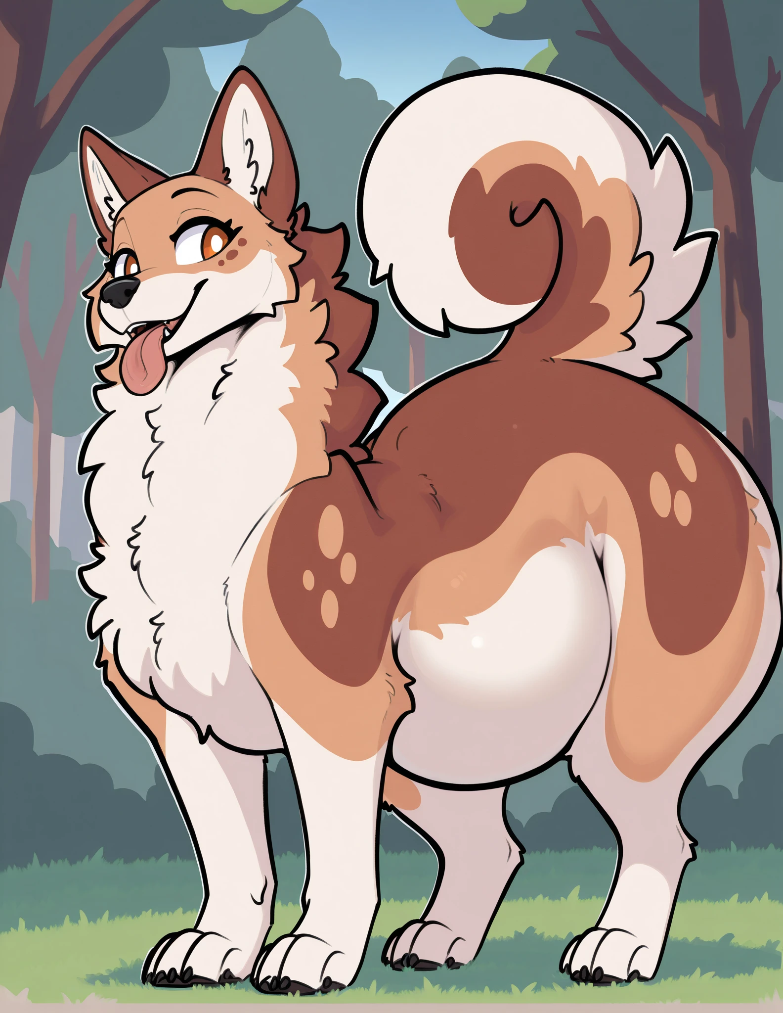 (fur:1.5), (fuzzy:1.5), (by marjani), (by sabuke), solo, (feral:1.6), CANINE, sidewalk, forest pond, brown wolf, long fur, very fluffy neck, thick tail, long snout, long ears, short stubby body, ((huge butt)), anatomically correct, (detailed lips wrinkle), female, raised tail, rear view, full-length portrait, morning, absurd res, in heat, (barely visible butt hole), raise butt, (posing for viewer), cute pose, eager, looking at viewer, huge balls, canine penis, penis tuck, ejaculating, excessive cum, pooling cum, head up, mouth open, saliva, visible breath, butt up