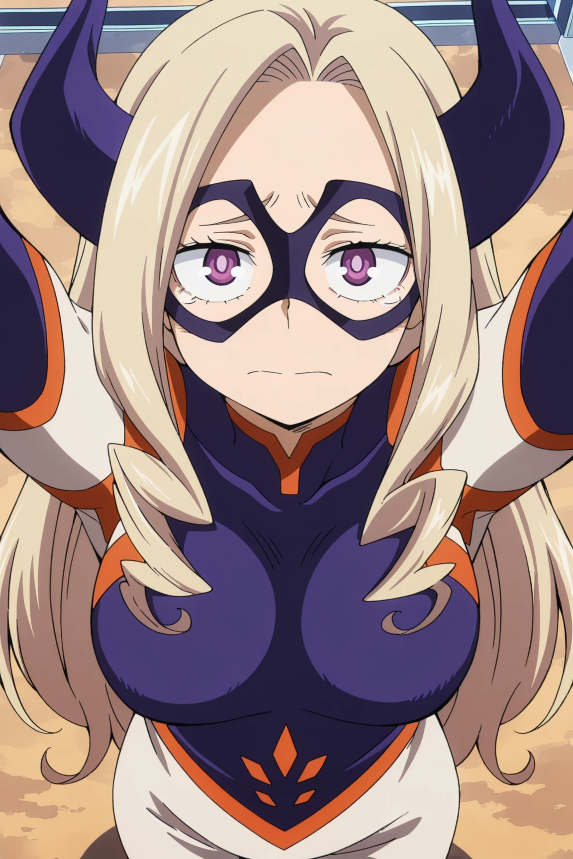 anime artwork, score_9, score_8_up, score_7_up, score_6_up, score_5_up, score_4_up, Mount Lady, blonde hair, purple eyes, big breasts, she is 24 years old, style_3, ,nude,naked,, black background, , , , , _, bandaid_on_breasts, shibari, breasts squeezed together