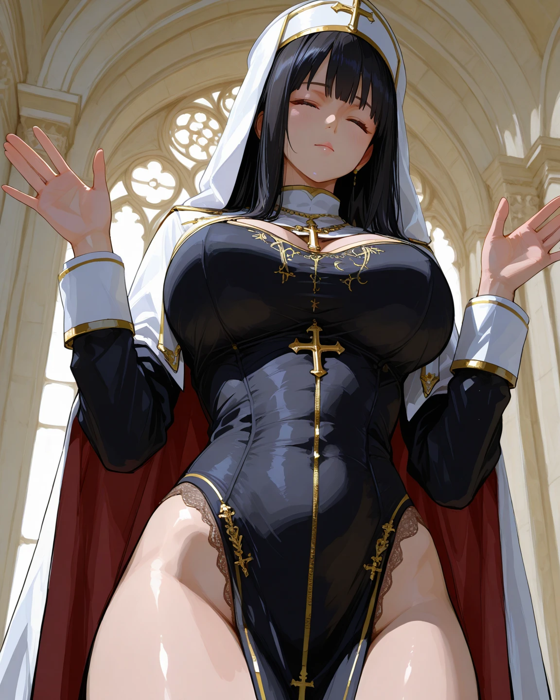 (high resolution, The pixels are perfect, luxurious illustration), (hyper qualit, Masterpiece, Ethereal: 1.4), (((see-through Tabad:1.4))),nun,(((Completely naked ))),(((squatt))),(((a Hand covering crotch))),(Dripping milk),in church),((Naked Carmelto)),Mature female,Black areola,female pubic hair,(((The breasts seem to overflow from Tabad))),wetted skin, (((A MILF: 1.4))), (Curvy:1.35),((((Dark skin)))),Long hair,Curvy physique, Thick body,((Sexual suggestiveness)),((blush)),((open mouth)),high-heels