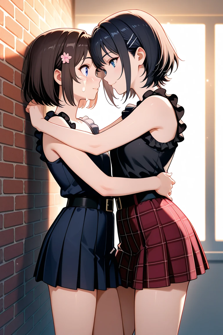 Two schoolgirls with a bottom view lifting their skirts showing their panties