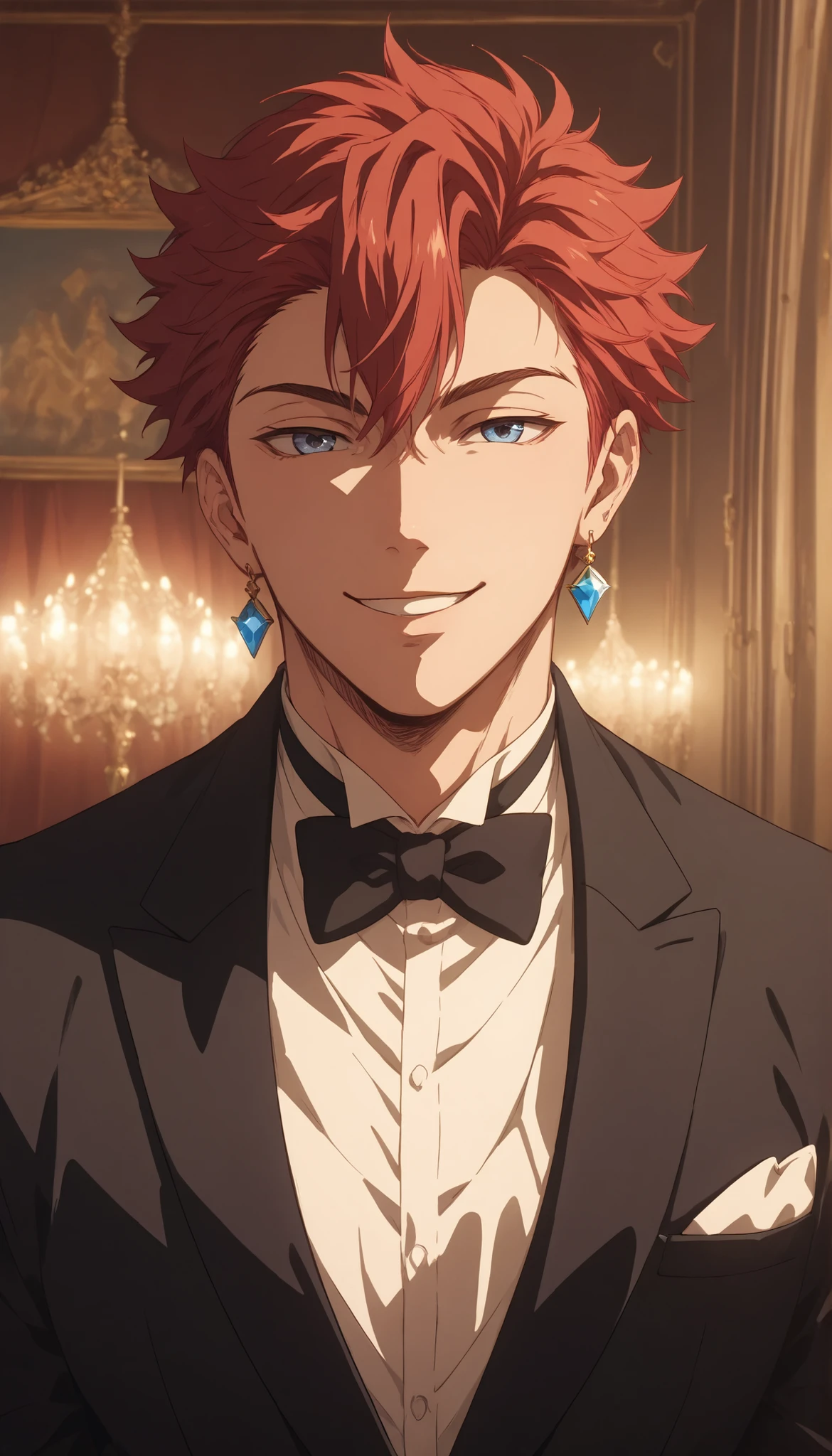 Man Wearing Tuxedo、Night party venue 、Hairstyle(two blocks)、 Gold、soft smile、first person view、 escort 、reach out、Red bowtie、opal cufflinks