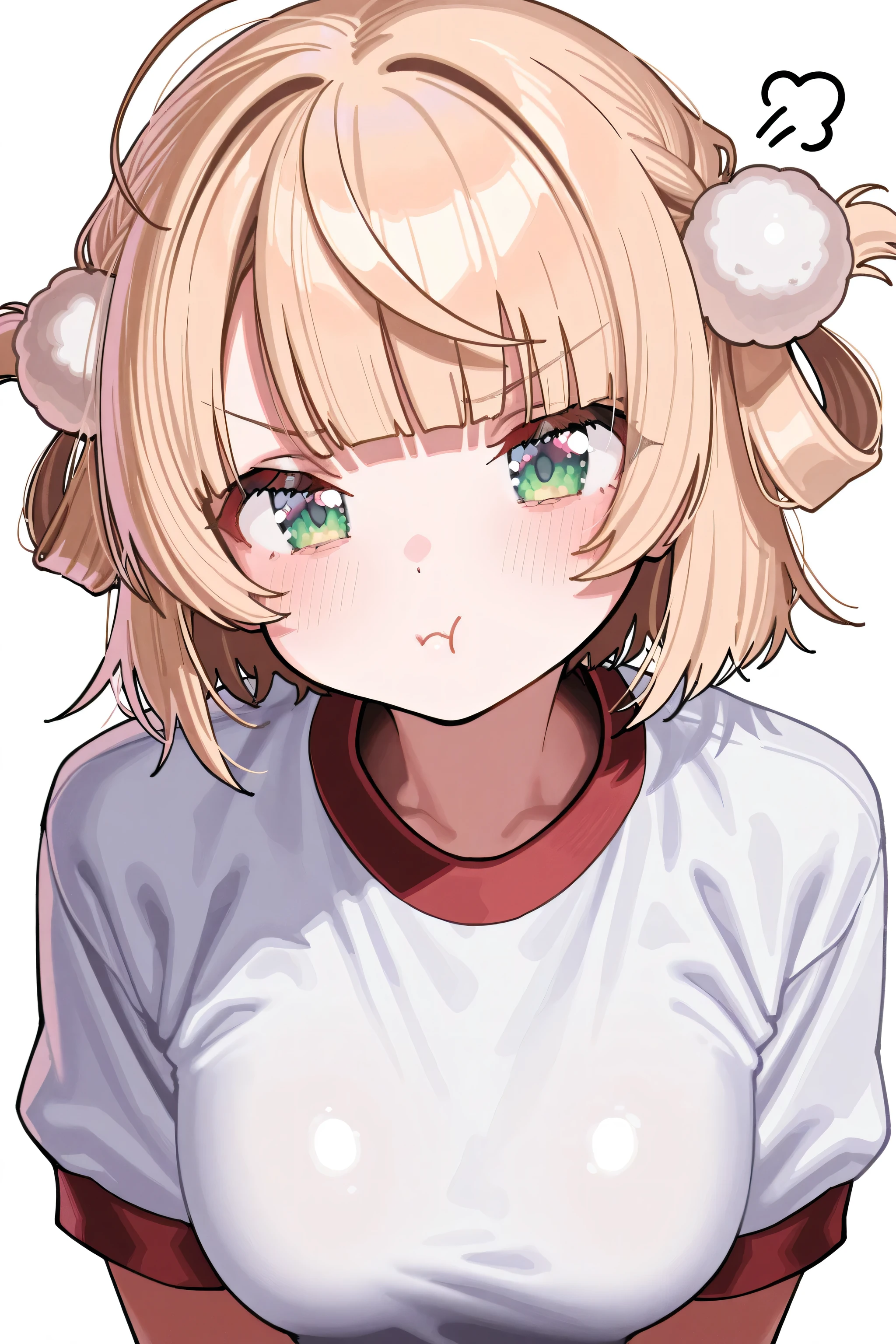 kmj-anonstyle, [artist:yoneyama mai], [artist:kanzarin], [artist: ekrea_jan], masterpiece,best quality,amazing quality, 748cmstyle, solo, eye focus, indie virtual youtuber, shigure ui (vtuber), blonde hair, blunt bangs, breasts, green eyes, gym shirt, gym uniform, hair ornament, hair rings, meme, pom pom (clothes), pom pom hair ornament, pout, shirt, slouching shigure ui (meme), virtual youtuber, white background, white shirt