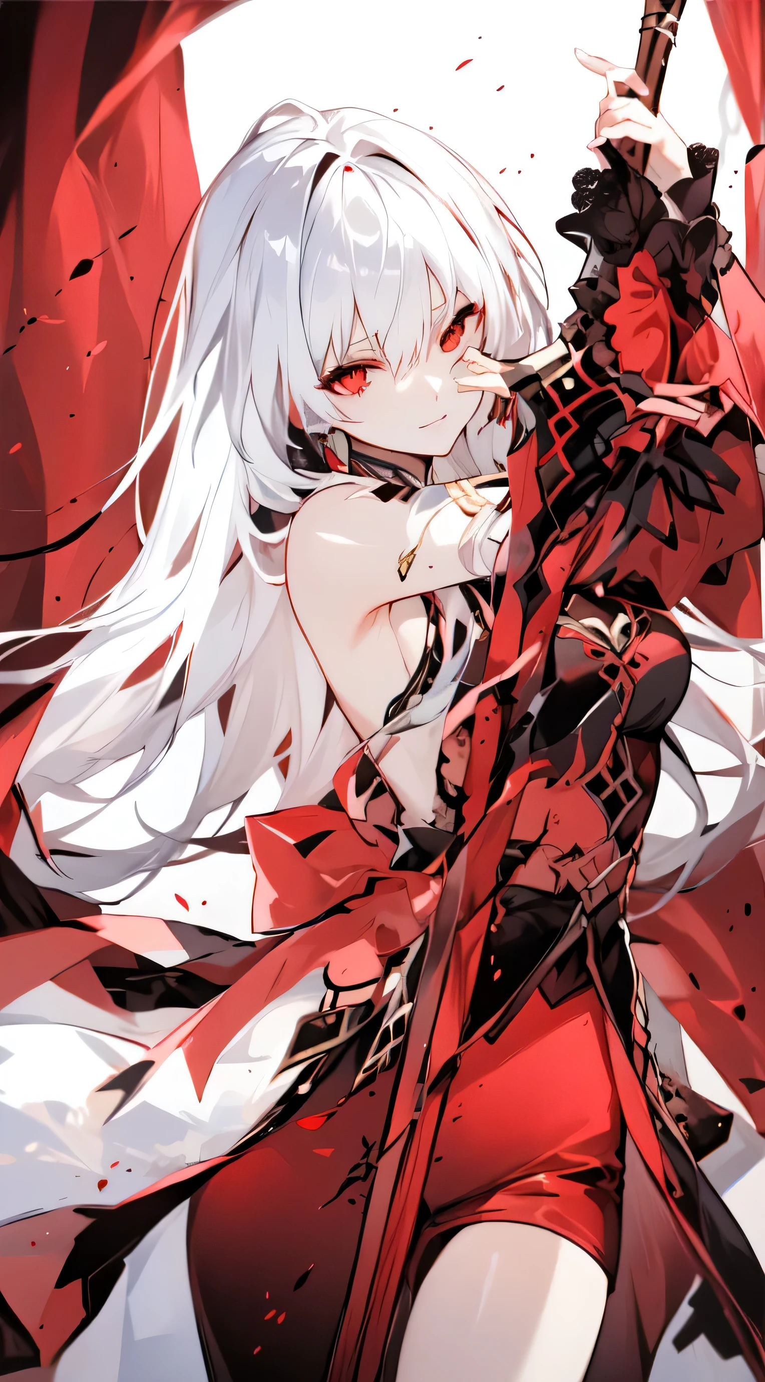 "An elegant and mature woman with long white hair attached, bright and pointed red eyes, porte une  jupe noire court dans le dessert et a l’air cool."