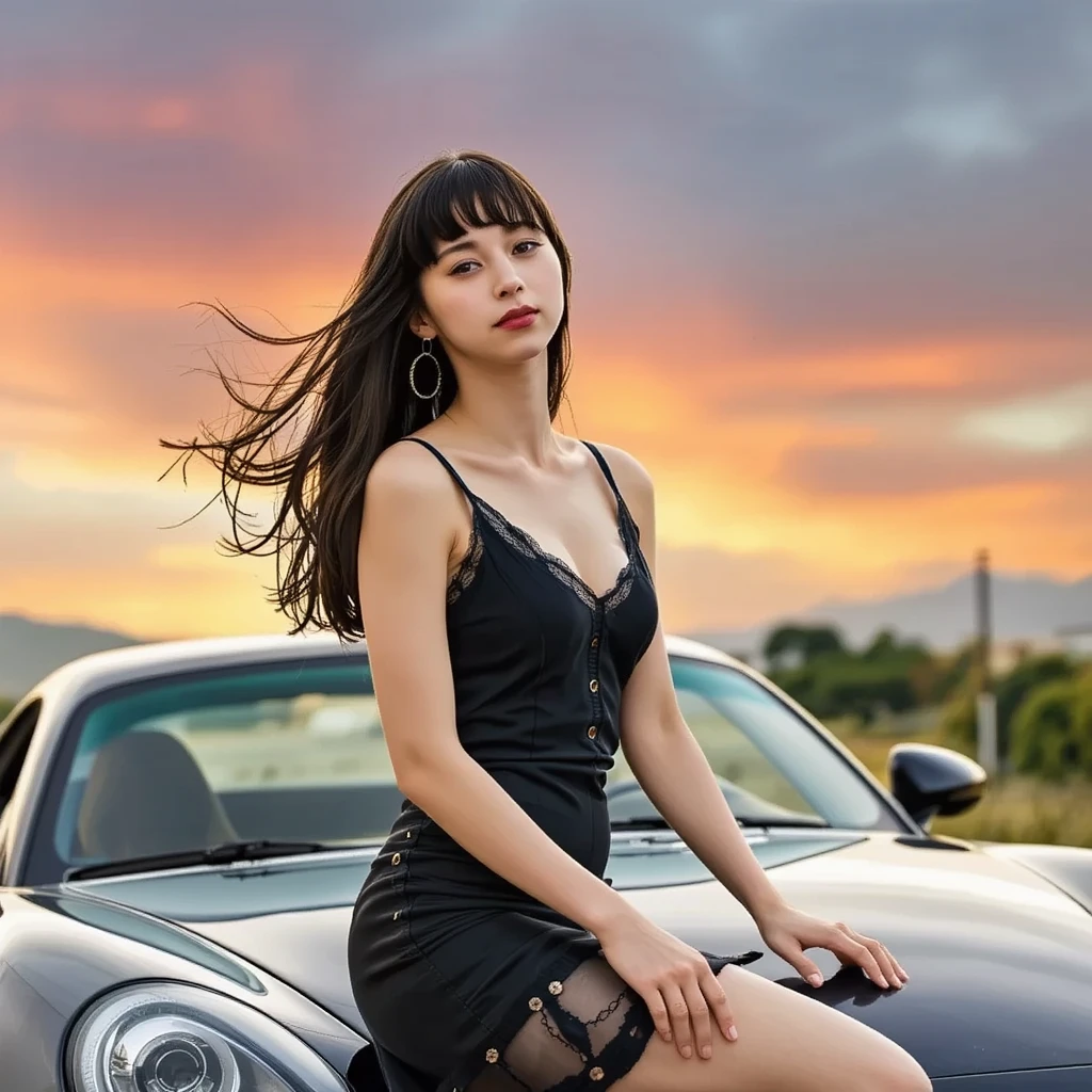 anime girl wallpaper sitting on car, detailed, landscape near ocean, art, digital art, beatuful bra on girl, realistic, best detailed body girl