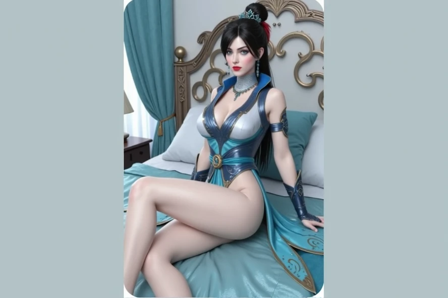 The Dragon Empress (1 woman, long black hair, blue eyes, white skin, medium breasts, makeup, lots of shine, dark eyelashes, dark shadow, perfect nose), Korea, masterpiece, best quality, 8k, sharp focus, chromatic aberration, best shadows, perfect lights, HDR, realistic skin texture, hyper detailed background, photorealistic, RAW photo, bright body, insanely detailed, sexy lewd, ecchi: 1.5, royal tiara, long fingerless gloves, arms up, armpit, royal dungeon, Lingerie Set Lace Belt-Alloy White, , in a bed, blue sheets