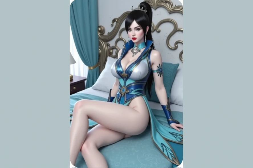 UHD,textured skin, high details, anatomically correct,SOLO, 1 Female,blue short hair, wearing A blue loose bikini cheongsam, Black Silk Stocking, (Spreading legs:1.7), Kneeing on the bed:1.7) The hotel room,(hands behind her head:1.7)，(At the midnight:1.4), huge breasts, hige hips,

