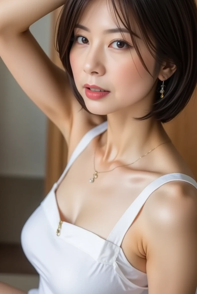((Highest quality、8K、masterpiece: 1.Perfect Body Beauty: 1.4、Slim Abs: 1.2、Beautiful woman with slim abs:1.3、(Highlight Haircut East B Cup:1.2), Mid-chest, Round shaped breasts, Perfectly shaped breasts, Small areola,((No clothes))  necklace, Ultra detailed face、18-year-old、 Beautiful woman、(Dark brown shortcuts), Slim face、Highly detailed face and skin texture、Highly detailed lips、Spread your legs、Thick pubic hair，Detailed vagina,Highest quality、masterpiece、Ultra-high resolution、(Photorealistic:1.4), I walked with confidence, Long Shot , Plain background