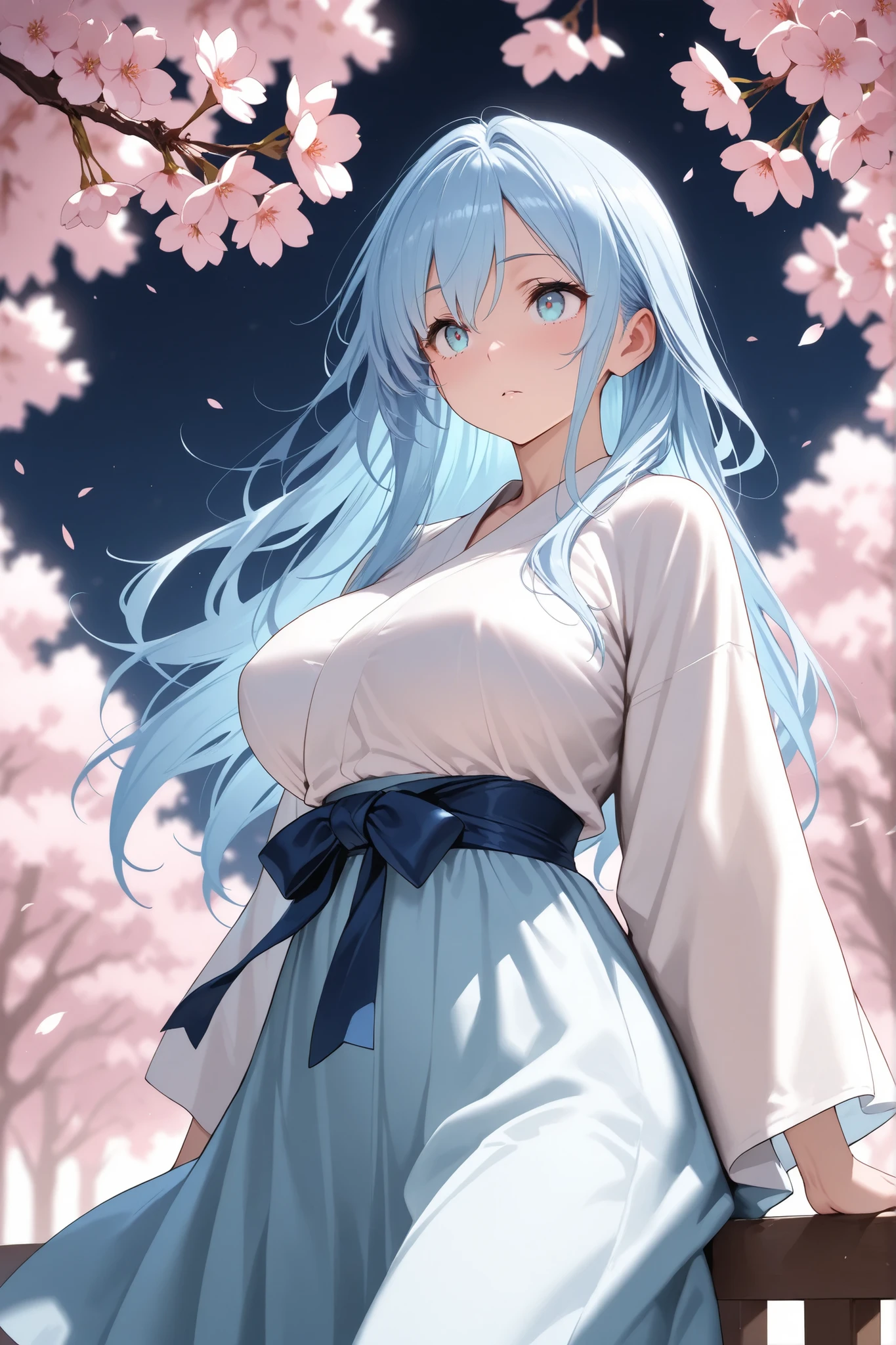 masterpiece,amazing quality,best quality,ultra-detailed,8K,illustration,CG,1girl,blue hair,long hair, light blue eyes,large bust, Cherry blossoms at night
