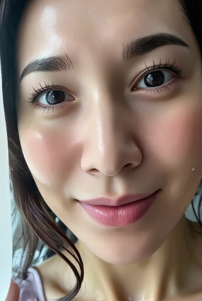 ((masterpiece, highest quality, High resolution, Photoreal, RAW photo, 8k wallpaper, Award-winning work))、 one beautiful woman、(accurate anatomy:1.1)、sexy woman, detailed face, bangs, soft little cleavage、(nude:1.2)、(Hair drenched in sweat:1.2)、wet hair、(sweaty and glowing skin:1.1)、(Skin that shines with sweat:1.1)、slender body、Beautiful face with perfect balance、(long hair:1.1)、perfect makeup、bright red lipstick、plump and beautiful lips, Beautiful and shining lips、(close-up of woman's face:1.5)、(Blurred luxury love hotel bedroom:1.1)、Warm and romantic lighting, moody colors、Bewitching、Overflowing sex appeal、Ultra high definition beauty face、ultra high definition hair、Super high-definition sparkling eyes、(超High resolutionの艶肌:1.1)、超High resolutionの艶やかな唇、glossy and bright lips、(a lot of semen on the face:1.5)、(Close up of cum covered face:1.5)、(completely closed lips:1.3)、(close your lips and smile:1.1)