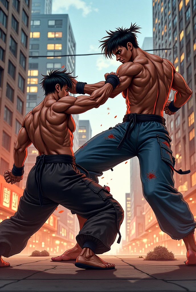 (Masterpiece, Best quality 17 year old boy, black background, looking away, cowboy shot), ((((solo, a young boy fighting a fat ork monster, intense battle scene,heroic figure, (very exhausted, drenched with sweat))))), , Young, boy, muscler, Shirtless, (Dark Short straight hair, almost completely shaved hair, under cut, brown eyes), (red headband), ((hot Abs:1.2, big breast:1.2, upper arms, jacked muscle, beautiful musculature, aesthetic striations, inspirational physique, lean muscle, square pecs, beautiful v-taper, great abs and torso), Vivid colors, detailed face, detailed muscle, (((rippling muscles, struggle, combats, fighting pose, serious, battle, martial arts stance, strong and powerful stance, ready to fight, fighting stance, (make a fist), in fight with huge fat ork)))