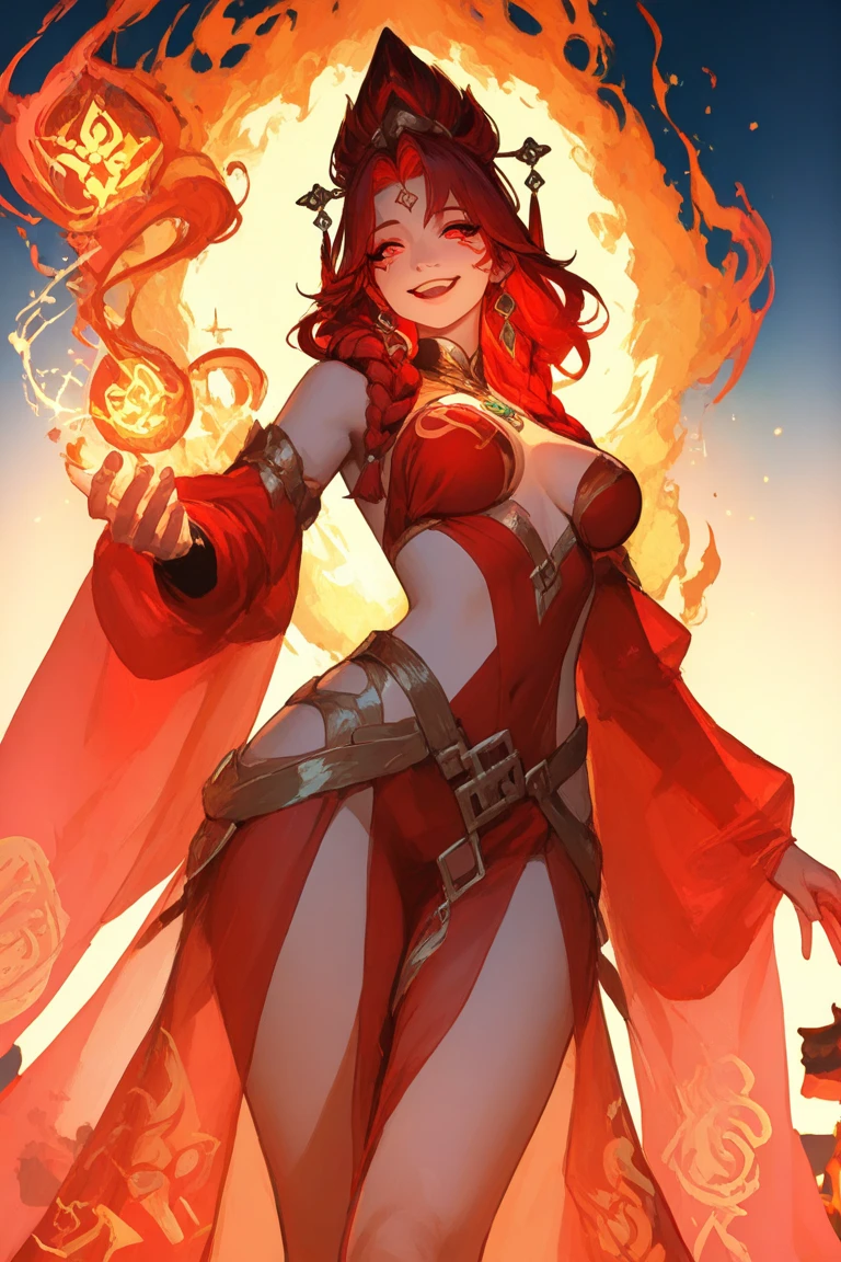 Fire princess with orange skin and red crystal on her forehead, with extravagant clothes