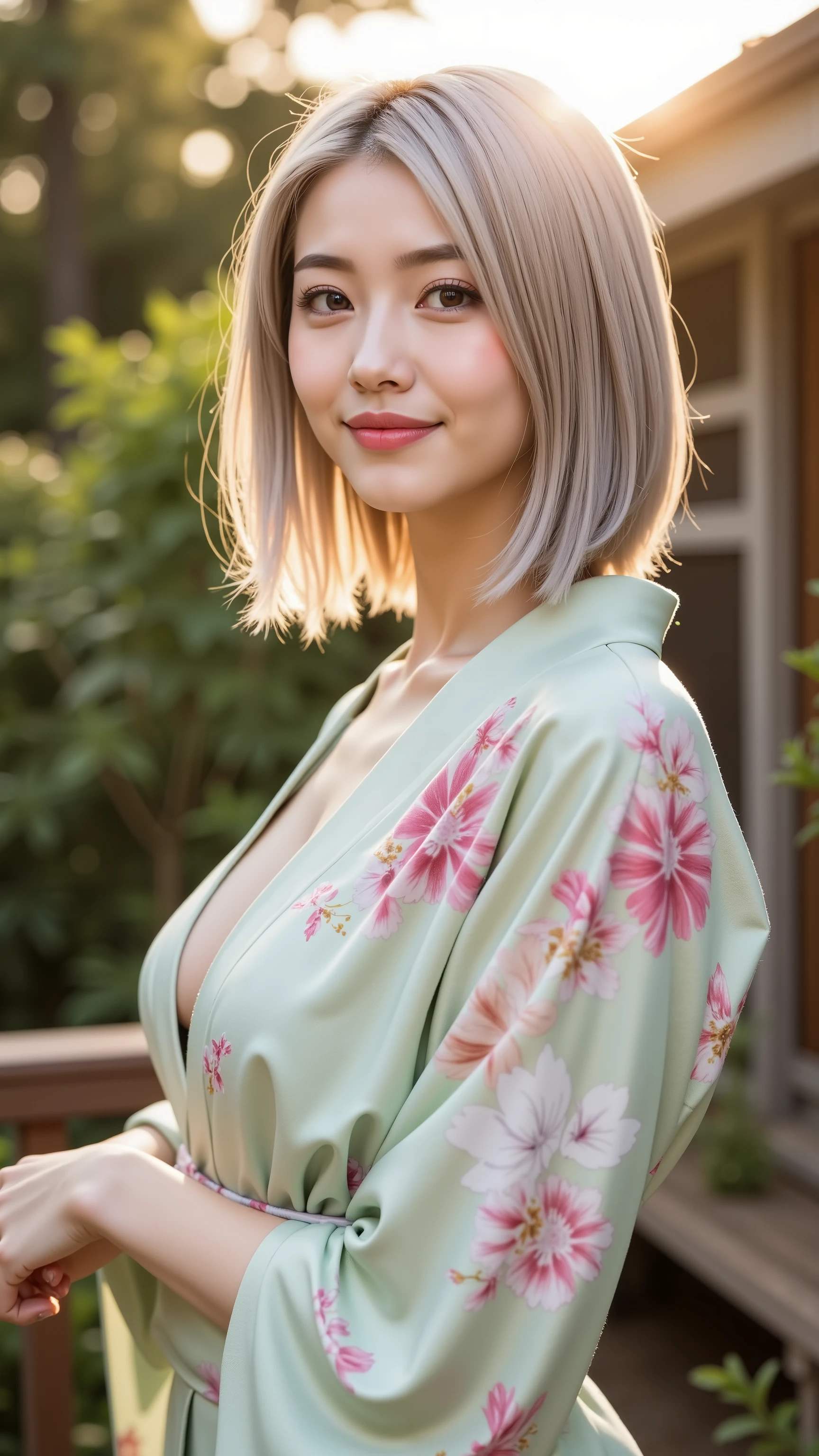young 20 yearolds russian girl, long sleek line hair-cut,light grey hair mixed with pink and blue and white hair on shoulder, RAW photo, (highest quality), (photorealistic: 1.4), (realistic skin texture: 1.5), young female,(large breasts,sagging breasts) (from-sideViews,full-body ,angle-below. shot)(,long legs, high wearlegs,), (slender,slim,skinny) tilt head , normal pose,seductive smile, noble and elegant,
A wide shot of a breathtaking young woman with a mixed Asian-European appearance, standing elegantly in a serene Japanese garden during the golden hour of sunset. She wears a pastel green floral kimono, subtly open at the chest, flowing gently with the breeze. Her platinum blonde hair is beautifully styled with floral ornaments, catching the warm, golden light. Her slender yet curvy figure, flawless pale skin, and graceful pose are emphasized against the backdrop of lush gardens, wooden structures, and a softly glowing sky. The image is captured with cinematic film tones, rich contrasts, deep shadows, and a nostalgic atmosphere. Ultra-realistic, 8K resolution, masterpiece, film photography aesthetics.